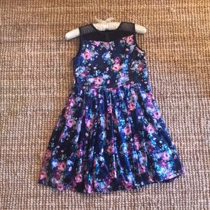 Velvet flower A-line dress with mesh neckline.